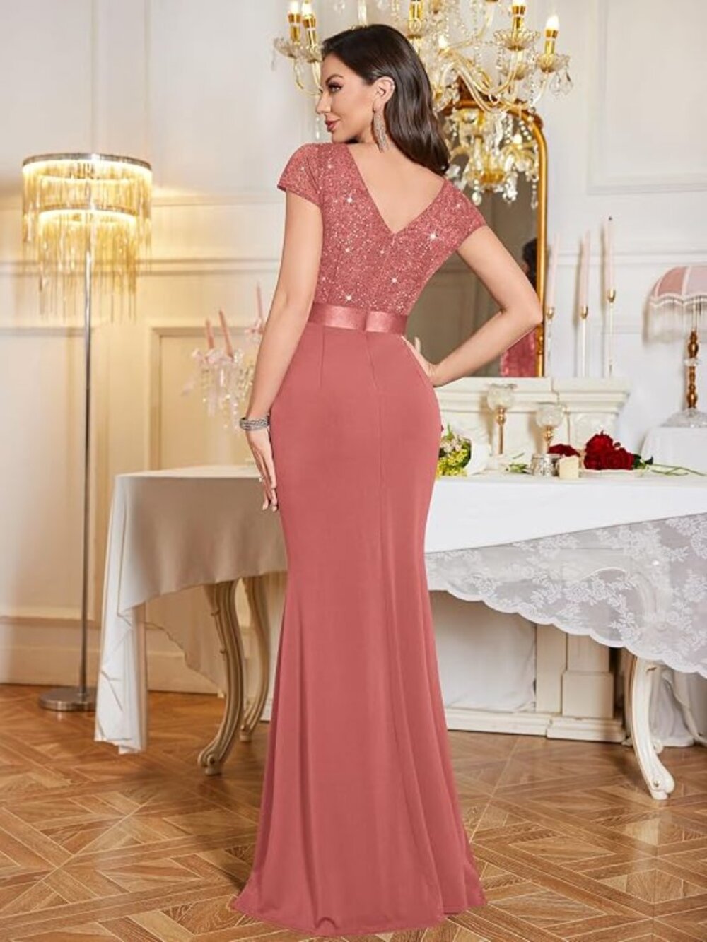 Women's Deep V-Neck Lace Sequin Pleated Evening Formal Dress  Cinnamon Pink - Picture 4 of 5